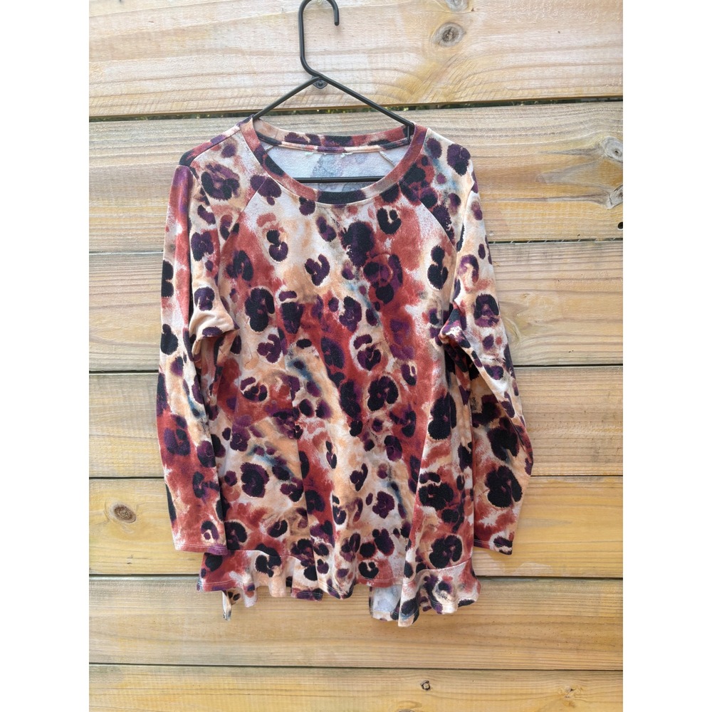 Leopard Print Ruffle Hem Raglan Sweatshirt Plus Size 1X Rust Purple Tie Dye
